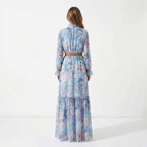 Ensemble robe longue bohème d'été avec col en V, col roulé, manches longues et ceinture en mousseline et doublure - Product Image 2