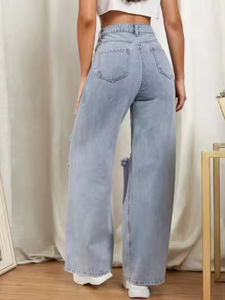 Vente en gros de pantalons évasés en jean de qualité supérieure pour femmes braguette à glissière personnalisée avec détail déchiré jean mode jambe ample et large - Product Image 6