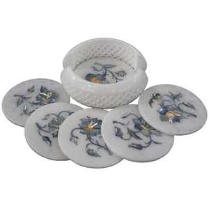 Sous-verres en marbre faits à la main de 4,5 pouces, sous-verres de luxe avec incrustation de nacre pour le café, le thé et le vin - Product Image 4