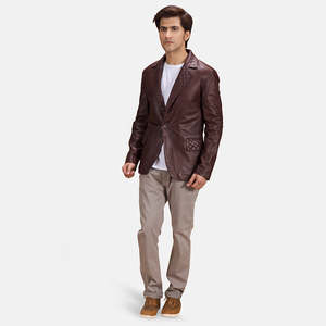 Blazer de piel de oveja semi-anilina acolchada color granate con cuello con muescas de Radaron Premium Style para hombre - Product Image 3
