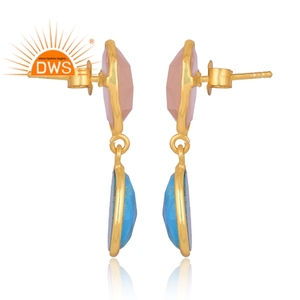 Meilleure vente argent sterling plaqué or naturel Rose calcédoine & Turquoise Matrix pierre précieuse dangle boucle d'oreille fabricant de bijoux - Product Image 3