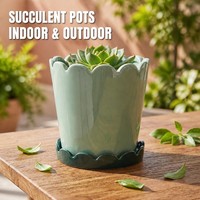 Pot de fleurs en céramique vert moderne avec plateau, pot à succulentes, décoration intérieure et extérieure, jardin, maison, rond, fait main