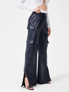 Pantalones de Cuero para Hombre, Estilo Casual, Pierna Ancha, Vintage, Pantalones de Trabajo OL, Dobladillo Dividido, Bolsillos, Pantalones Cargo, Impermeables y Transpirables - Product Image 3