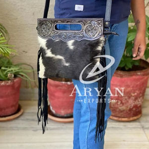 Western Style Black Fringe Bag Tooled Leather Handbag Purse Stylish Hair on Leather Sling Bag for Women - Product Image 1