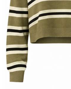 Customized <b>Womens</b> Olive Green <b>Striped</b> Cropped Polo Sweater With Button Placket <b>Long</b> <b>Sleeve</b> Soft Knit Casual Winter Fashion <b>Top</b> - Product Image 6