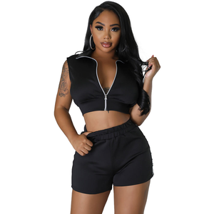 Ensemble deux pièces pour femmes, haut court à fermeture éclair et short taille haute sans manches, tenue d'été décontractée assortie - Product Image 4