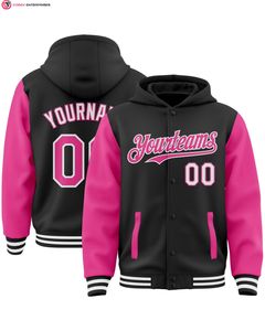Veste à capuche bicolore de haute qualité noir rose-blanc Full-Snap Varsity Letterman 100% coton broderie placement avant - Product Image 1