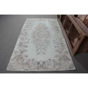 Classique Bleu Beige Vintage Tapis Turc 4.6X7.9 pieds À La Main Patchwork Conception Laine Bambou Soie Latex Salon Couloir Rectangle - Product Image 1