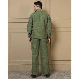 Amanush <b>Men's</b> Green Plaid Cotton Kurta Pant Set Mandarin Collar Full Sleeve Casual Summer Wear Breathable 2 Piece Set - Product Image 4