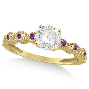 Ensemble de mariage vintage en or jaune 14 carats avec diamant de 0,95 carat et améthyste pour fête de mariage, anniversaire ou cadeau, style religieux - Product Image 2