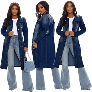Nouveau manteau de veste en jean longue ample rétro élégant veste en jean délavé foncé pour femme - Product Image 6