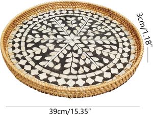 Bandeja de servicio de ratán de madera de estilo vietnamita más nuevo, pantalla con forma de perla madre para café, pan, comida, decoración de almacenamiento de ratán de madera - Product Image 2