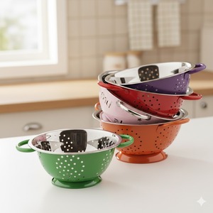 ชุดกระชอนครัวสแตนเลสหลากสีพร้อมด้ามจับและฐานรอง กระชอนลึก ใช้กับเครื่องล้างจานและเตาอบได้ - Product Image 1