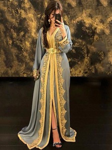 Robe Kaftan Marocaine Élégante en Satin, Anti-Plis Naturel, Respirante, Broderie Florale Perlée, Longueur Ras du Sol, Coupe Confortable pour Soirée - Product Image 2