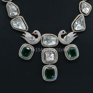 Juego de collar de diamantes cultivados en laboratorio de oro blanco de 14kt y piedras preciosas Polki de alta moda, pieza llamativa para bodas y regalos de mujer - Product Image 1