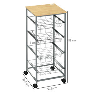 HOMCOM Space-Saving Kitchen <b>Trolley</b> with 4 <b>Pull</b>-Out Baskets in Wood and Steel, 36.5x36.5x89 cm, Silver and Wood Color - Product Image 3