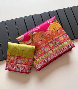 Sari en crêpe de soie doux Dola avec tissage jacquard, imprimé numérique Kalamkari, broderie et travail de découpe, fabriqué en Inde, en stock pour femmes - Product Image 5