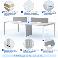 Poste de travail de bureau pour 4 personnes, moderne et modulaire, avec écran en tissu et gestion des câbles, idéal pour les espaces de travail ouverts