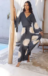 Toptan yeni kadın kravat boya Bohemian Maxi uzun kollu yaz kadın seksi stil uzun kokteyl Maxi elbise