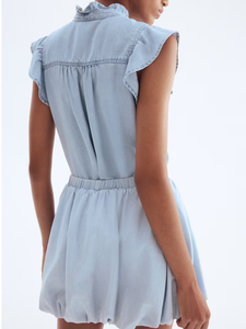 <b>Top</b> Trendy Casual <b>Light</b> <b>Blue</b> Denim Shirt with Ruffled <b>Sleeves</b> Stylish Women Button Down for Everyday Wear - Product Image 2