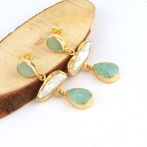 สินค้าใหม่14มม. รูปทรงสี่เหลี่ยมสีฟ้าน้ำตาล Druzy ชุบทองใบไม้สไตล์ต่างหูแต่งงานหมั้นสาวต่างหูแฟชั่น - Product Image 2