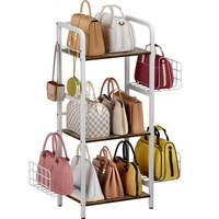 Étagère de rangement multifonctionnelle robuste en acier inoxydable, pliable et réglable, pour sacs à main, avec panier latéral et crochets