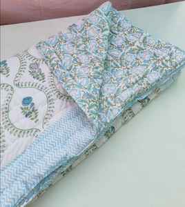 Handmade Floral Block Print Razai Quilt Organic Cotton Warm Reversible - Product Image 4
