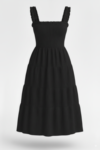 Robe courte trapèze moderne pour femmes, style vintage, corsage smocké à fleurs, longueur genou, tissu doux, été, usine de vêtements OEM ODM - Product Image 2