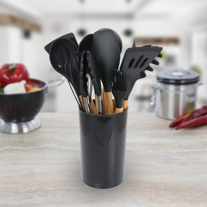 Best Selling Eco-Friendly Modern Design Long Handle Wooden Cookware Utensil <b>Set</b> <b>Black</b> Wood Texture for Food Serving Bulk Export - Product Image 1