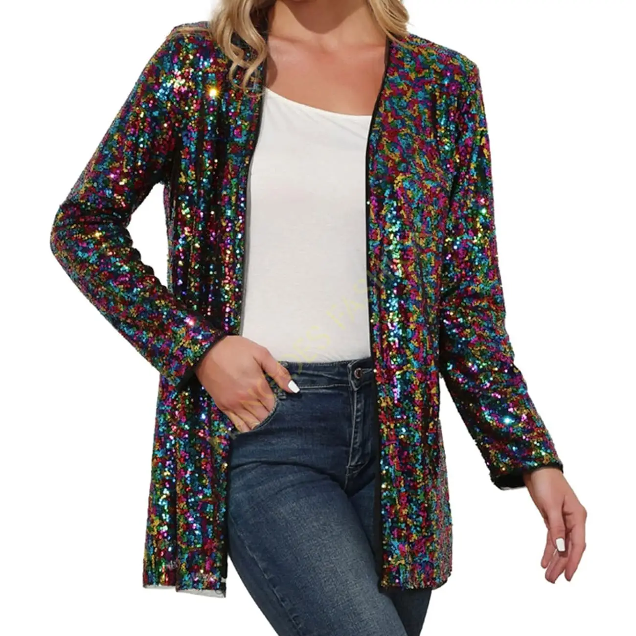 Özelleştirilebilir kadın pullu ceket-açık ön Blazer, çok renkli seçeneklerde rahat uzun kollu hırka ceket, mevcut