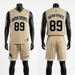 ชุดเสื้อเจอร์ซีย์ตาข่ายพรีเมียมและกางเกงขาสั้นสำหรับผู้ชาย น้ำหนักเบา ระบายอากาศได้ดี 180 GSM สีเบจ แต่งขอบสีดำ พร้อมปักโลโก้ตามสั่ง - Product Image 5
