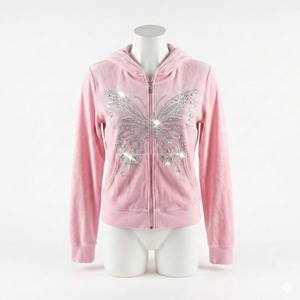 Sweat à capuche en polaire rose style rétro des années 2000 pour femmes, veste zippée avec strass papillon, mode Harajuku Gyaru, broderie 3D respirante - Product Image 4