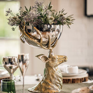 Bol décoratif de luxe en forme de tête de cerf avec motif de bois de cerf, centre de table en métal pour table à manger, décoration de la maison et cadeaux de fête - Product Image 1
