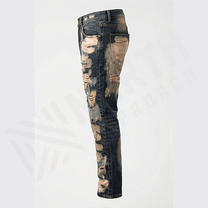 Jeans slim pour homme de haute qualité, denim, patch au genou, coupe droite, taille haute, délavé clair, super couture, couleur personnalisée - Product Image 3