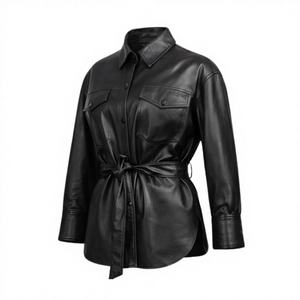 Veste chemise de moto en cuir noir premium pour femme avec ceinture – en peau de mouton souple, manches longues, respirante, boutonnée, printemps/hiver - Product Image 1