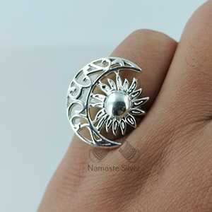 Silver Sun <b>Moon</b> <b>Ring</b> Handmade 925 Sterling Silver Boho Jewelry Celestial Gift for Her Inlaid Crescent <b>Moon</b> <b>Ring</b> - Product Image 6