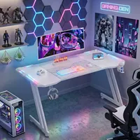Bureau de jeu OEM en fibre de carbone avec éclairage LED, bureau ergonomique en métal en forme de Z avec porte-gobelet et crochet pour casque, blanc