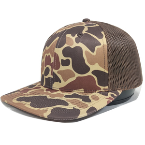 Old School Premium Quality Custom Leather Patch Logo 6 Panel Trucker hat Mesh Style Trucker Camo Blank Hat - Product Image 1