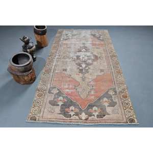 Alfombra turca de área grande, lana clásica naranja Beige de 4,2x7,9 pies con respaldo de látex, patrón abstracto para modelo adolescente, Alfombra de habitación con número - Product Image 1