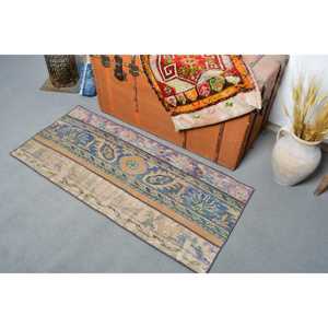 Vintage 1.9x4.2 ft Rug, Small Turkish Rug, Blue <b>Yellow</b> Plants & trees Rug - Product Image 3