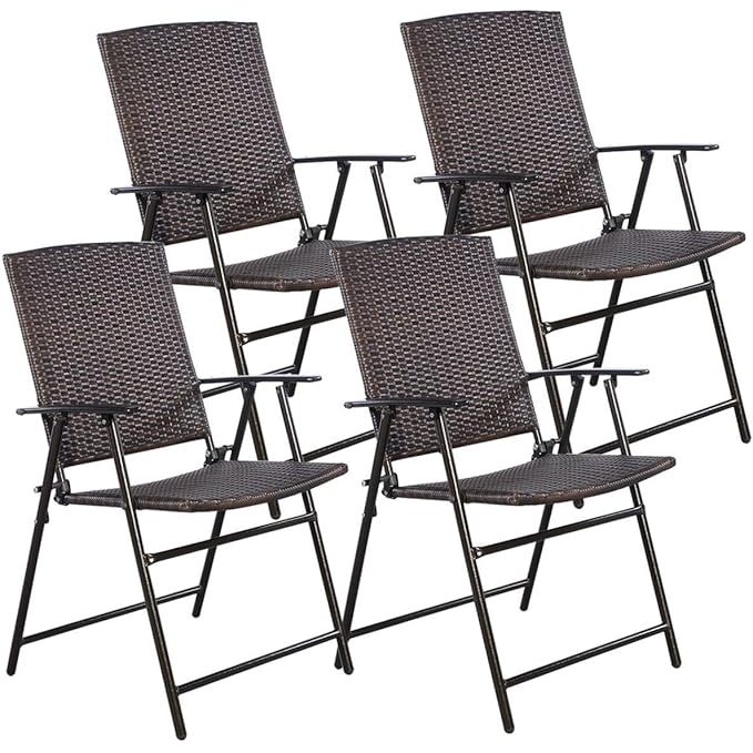 4pcs Comfortable Folding Wicker Patio Chairs Luxury Outdoor Rattan Lawn Chairs with Aluminum Steel Frame Bamboo Armrest Footrest
