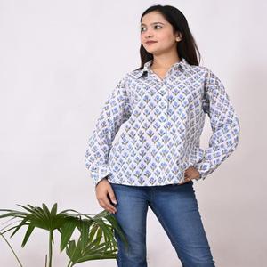 Camisa de algodón de manga larga para mujer Diseño de estampado de bloques, ropa de oficina suave y cómoda o Top estampado informal - Product Image 4