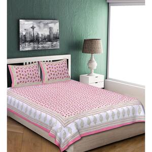Jaipuri 240 TC Cotton Super <b>King</b> <b>Size</b> Double Bed <b>Sheet</b> 2 Pillow Covers Pink Floral Hand Block Print 3-Piece Set for Home - Product Image 2