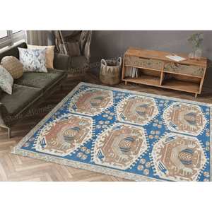 Alfombra Estampada Azul y Marrón, Diseño Kilim, Diseño Geométrico, Estilo Anatolia, Alfombra de Chenilla - Product Image 3