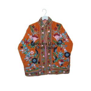 Women's Handmade Short Autumn Winter <b>Jacket</b> Multi-Colour Suzani Stripe Embroidered Design Woven Cotton Fabric <b>Quilted</b> Breathable - Product Image 3