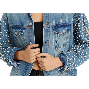 Chaqueta Vaquera Exclusiva Azul con Adornos, Estilo Desgastado, Corte Holgado, Técnica Lavada, Logotipo Bordado, Estampado Casual para Verano y Otoño - Product Image 3