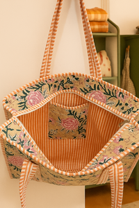 Sac fourre-tout léger en coton matelassé imprimé pêche, écologique, fait main, personnalisable avec fermeture éclair, style bohème, pour femme, voyage, shopping - Product Image 4