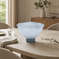Bol en verre soufflé à la main Bixuan, bleu glace nuageux, grand bol à pied avec bord ondulé, pour fruits, centre de table décoratif, décoration intérieure