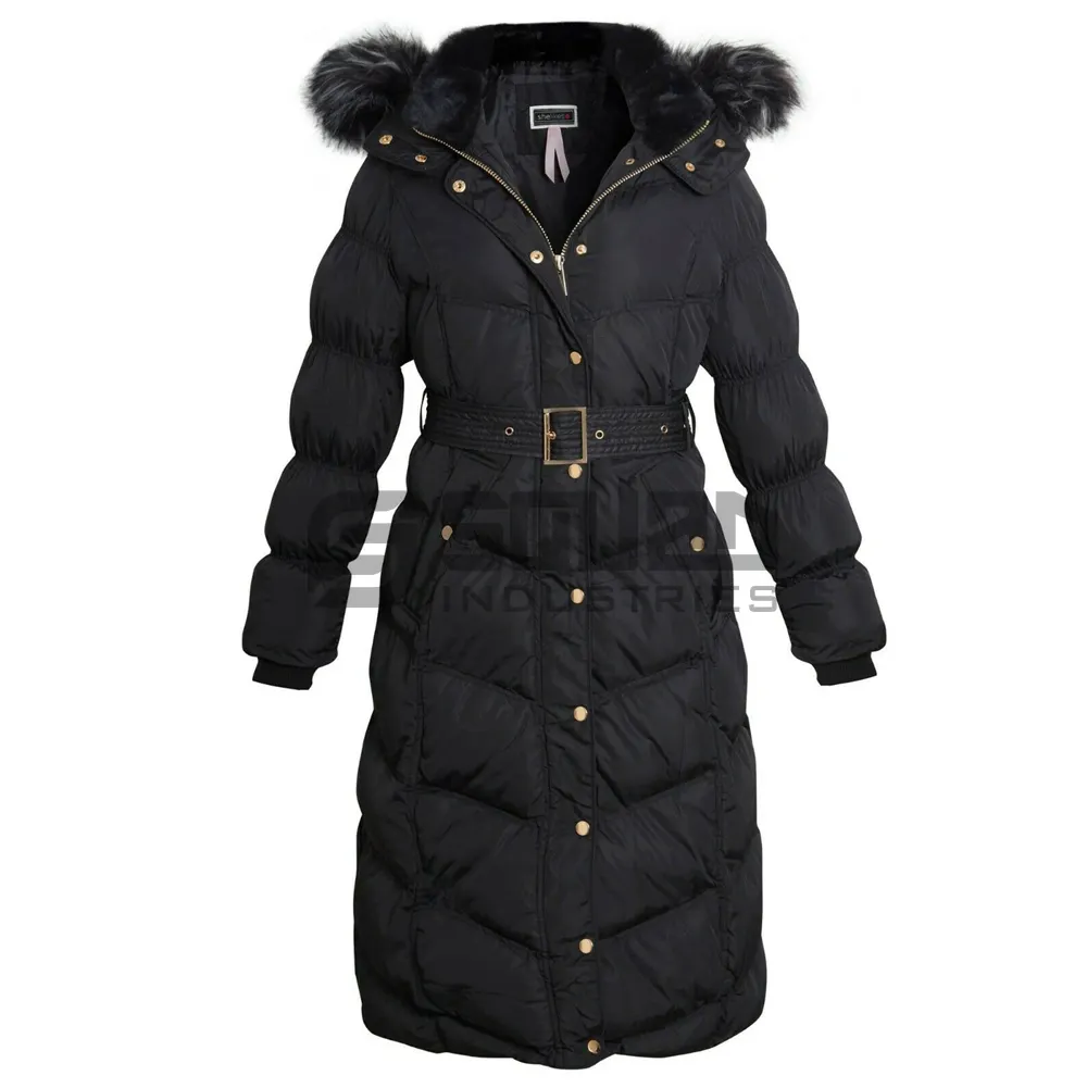 Women Ladies Long Line Hooded Puffer Bubble Faux Fur Hood Belted Jackets Winter Fashion Wear Jacket Coat