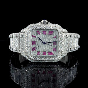 Montre de luxe entièrement sertie de diamants en moissanite taille ronde avec des chiffres romains classiques roses, montre en diamant, cadeau pour les filles - Product Image 1